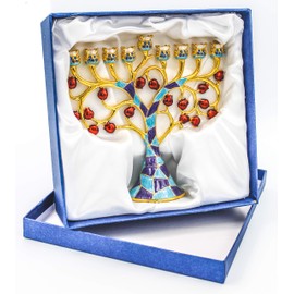 The Dreidel Company Menorah Jeweled and Gold Plated Tree with Red Flowers (Mosaic Jeweled & Gold Plated Tree with Red Flower)