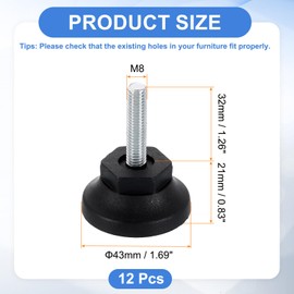 uxcell 12Pcs M6 Thread Furniture Feet Levelers, 15x9mm Adjustable Leveling Table Feet, Screw on Furniture Glide Leveling for Chair Stool Legs, Black