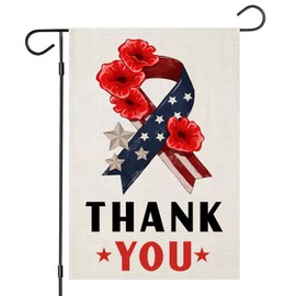 Memorial Day Garden Flags for Outdoor, Thank You Stars and Stripes Ribbon Poppy Small Summer Yard Decoration for Farmhouse Patriotic Independence Day, 4th of July Outside Decor 12x18 Inch Double Sided