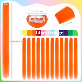 Wodelanle 12 PCS Colored Orange Hair Extensions - 24 Inch Straight Synthetic Clip in Hairpiece for Kids, Girls, Women - Party Highlights