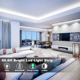 MY BEAUTY LIGHT LED Strip Lights White,65.6ft Dimmable LED Light Strip with RF Remote,1200 Bright 6500K 2835 LEDs,Plug-in Adhesive Rope Lights with Timing Mode for Living Room Bedroom Kitchen