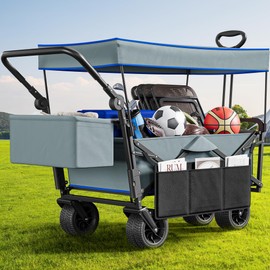 YITAHOME Large Collapsible Wagon w/Removable Canopy, Heavy Duty Outdoor Folding Wagon Cart w/Adjustable Handles and Flexible Swivel Wheels Utility Wagon for Camping, Shopping, Sports, Beach - Grey