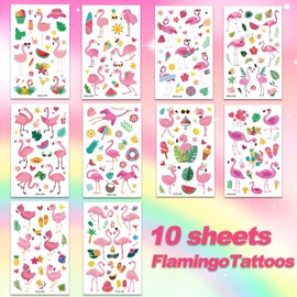 DIELOVEHUA Hawaii Temporary Tattoos, 10 Sheets Flamingo Temporary Tattoos, Flamingo Tattoo for Children, Hawaiian Party Decoration, for Summer, Pool, Beach, Tropical Party, Children's Birthday Gift