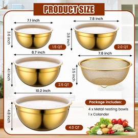 Teenyyou Gold Mixing Bowls with Airtight Lids Stainless Steel Mixing Bowl Set of 5, 4 Stackable Metal Nesting Bowls, 4 in 1 Colander, Non-Slip Bottom, Size 1.5, 2.0, 2.5, 4.0 QT for Mixing Serving