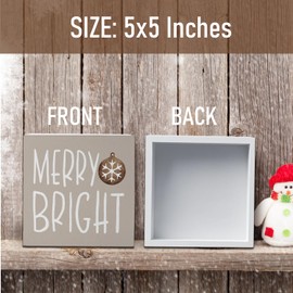 FLVGE Christmas Decor, Merry Bright Merry Christmas Wooden Box Sign Decor, Rustic Christmas Sign Decorations, Xmas Holiday Home Decor Indoor Room, 5x5 Inch