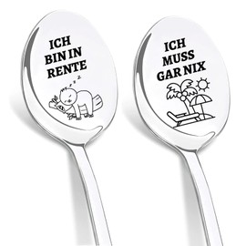 DIKARIYA Retirement Gifts for Men and Women, Set of 2 Coffee Spoons with Engraving "Ich bin in Pension, Ich muss gar Nix, Teaspoon Farewell Gift, Colleague, Retirement Farewell Colleague, Retirement