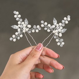 Heread Pearl Bride Wedding Hair Pins Silver Leaf Bridal Hair Pieces Rhinestones Hair Accessories for Women and Girls (Pack of 2)
