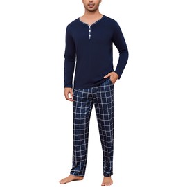 Irdcomps Men's Long Pyjamas Cotton Sleepwear Set Men's Checked with Buttons, Navy_2