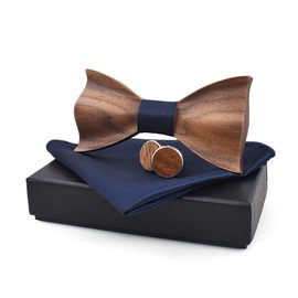 Good partner Wooden bow tie men's wooden bow tie men's classic 3D embossed wooden bow tie set plaid square scarf cufflinks casual solid wood environmental protection set. - darkblue
