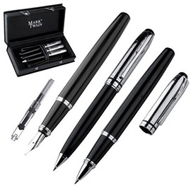 Mark Twain 3 Piece Metal Writing Set Fountain Pen with Converter (Refillable), Ballpoint Pen and Rollerball