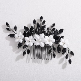 Teyglen Flower Wedding Crystal Hair Comb Vintage Black Rhinestone Headpiece Floral Flower Hair Comb Elegant Hair Accessories for Women Head Piece Jewelry(Black)