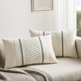 ZeeMart 2 Packs Cotton Boho Lumbar Throw Pillow Covers 12x20 Inch Grid Green, Soft Farmhouse Decorative Couch Pillow Cases Sage Green Cushion Covers for Sofa Bed Living Room Home Decor