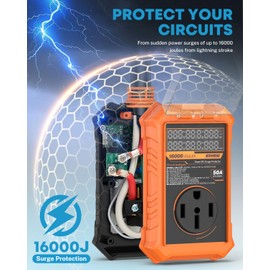 Kohree RV Surge Protector 50 amp with LED Real-time Large Screen Display Voltage Current KWH, 16000 Joules Auto Shut Off, Circuit Analyzer RV Power Surge Protector Waterproof for Camper, Orange