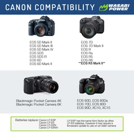Wasabi Power Battery for Canon LP-E6P and Canon EOS R5 Mark II, EOS 5D II/III/IV, 5DS R, 6D Mark II, 7D Mark II, 70D, 80D, 90D, R, R5, R5C, R6, Ra, XC10, XC15, BMPCC 4K & 6K