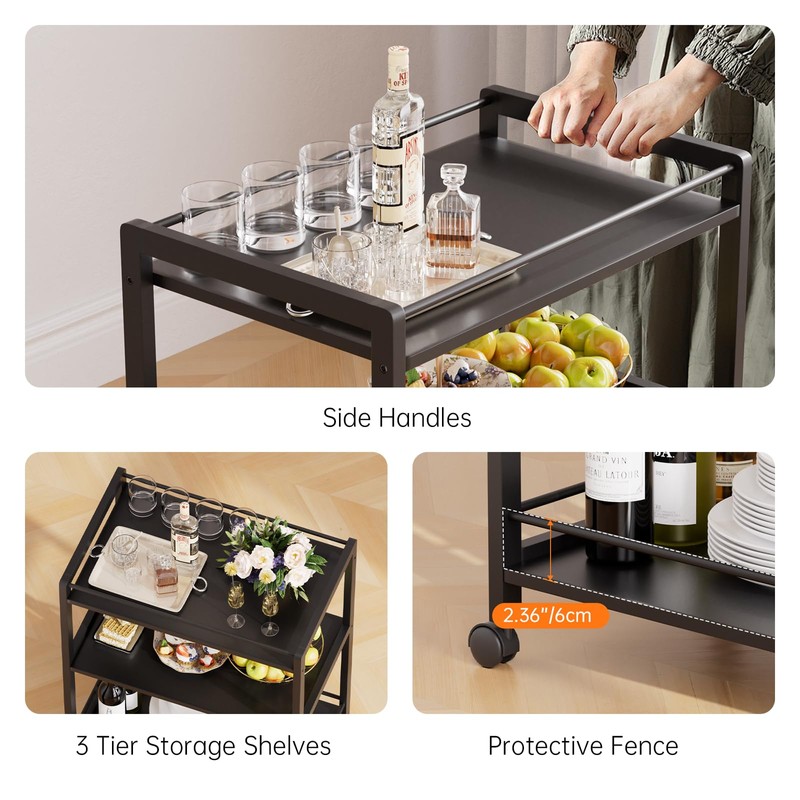 HITNET Bar Cart Black, Serving Cart for Home, 3 Tier