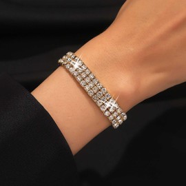 Xduargs Boho Crystal Tennis Bracelets Vintage Crystal Wedding Elastic Band Bracelet Shiny Rhinestone Tennis Stretch Bracelet Sparkling Bridal Stackable Bracelet Jewelry for Women and Girls(Gold)