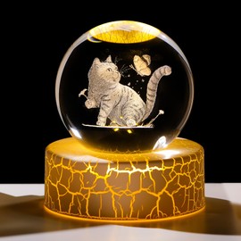 2.36in. 3D Cat Themed Crystal Ball Gifts for Women Cat Lovers, K9 Crystal Decorative Ball Engraved Cat Figurine Paperweight with LED Light Base for Home Office Ornament