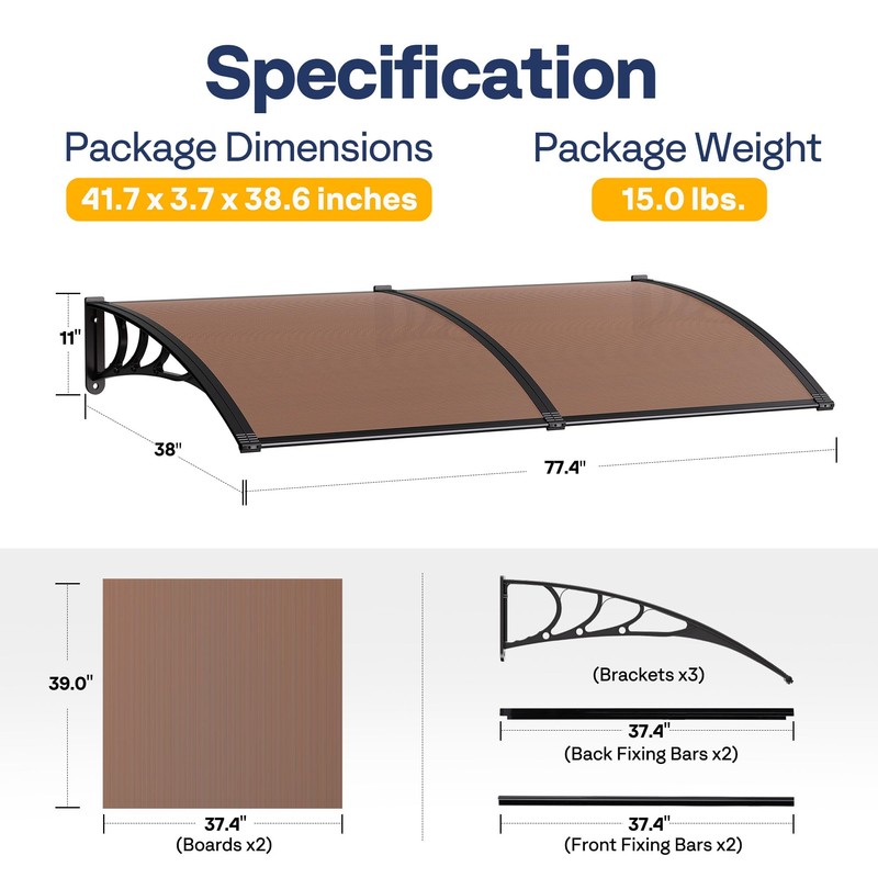 VIVOHOME Polycarbonate Window Door Awning Canopy Brown with Black Bracket