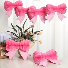 Sonwyoung 6 Pcs Pink Bow Hanging Honeycomb Decorations Coquette Birthday Party Decorations 3D Pink Bow Centerpieces Paper Lantern for Baby Shower Wedding Bachelorette Decor
