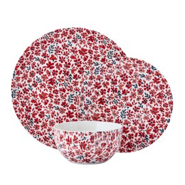 Pfaltzgraff Radiant Blossom 12 Piece Floral Stoneware Dinnerware Plate Bowl Dish Set, Service for 4, Red