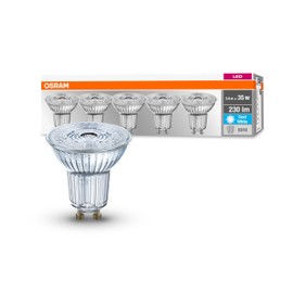 OSRAM LED Base PAR16, Socket: GU10, Non-Dimmable, Cool White, Replaces a Standard 35 Watt Lamp, 36 Degree Beam Angle, Pack of 5