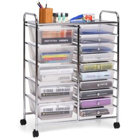 LUARANE Rolling Cart with 15 Drawers, Craft Storage Cart with Portable Handles & Lockable Wheels, Mobile Toys Organizer, Large Capacity Utility Drawer Cart Home Office School Teacher (Clear)