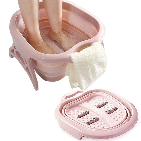 OLIYA Foot Spa Foldable Foot Bath-large foot bath, with foot massage roller as a pedicure tool for soaking. It is very suitable for callus makeup removal and foot care. (PINK)