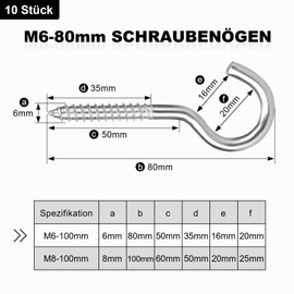 MOGADEE® Screw Hooks M6 x 80 mm, Pack of 10 Ceiling Hooks, Stainless Steel, Heavy Hook Screw, Large, Hooks for Screwing Suitable for Hammocks, Awnings, Hanging Chairs, Rocking Chairs, Fixed Cable,