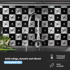 Art3d 10-Sheet Peel and Stick Backsplash Metal Mosaic Tiles for Kitchen Wall Decor, Stick on Aluminum Composite Tiles Stikers, Black&Silver Windmill Puzzle Glass Mixed