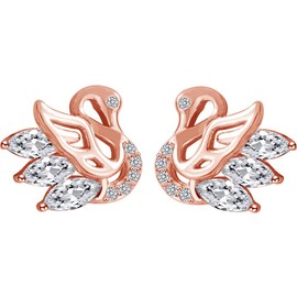 CZ Swan Cubic Zirconia Stud Earrings for Women Teen Girls 925 Sterling Silver Pierced Ear Oval Crystal Iconic Swan Tiny Studs Tragus Post Pin Dainty Earrings (Rose Gold Plated)
