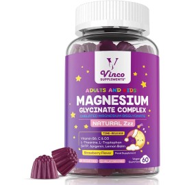 Glicinato de Magnesio para Adultos y Niños 4+ Vitamina B6 C D3, 60 Gomitas Ayuda para Dormir