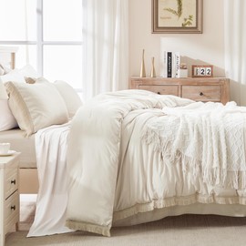 Andency Comforter Full Size Set Beige, 3 Pieces Boho Tassel Lightweight Bed Comforter Full, Soft All Season Fluffy Bed Set Gift Choice (79x90In Comforter & 2 Pillowcases)