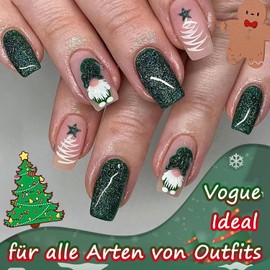 Pack of 24 Christmas False Nails Short - Green Snowman Design, Christmas False Nails Full Cover False Nails with Nail Glue, Medium Length Square Natural Acrylic False Nails (Green)
