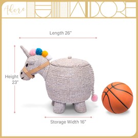 Adore Decor Unicorn Laundry Hamper Child & Pet Safe Basket, Baby Hamper for Nurseries, Cute Toy Basket for Children's Bedrooms, or Cat & Dog Toy Box, Natural & Sustainable Water Hyacinth, Light Grey