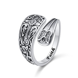 HOOHWE 925 Sterling Silver Cross Spoon Ring for Women Adjustable Vintage Butterfly Spoon Rings Victorian Style Sunflower Thumb Rings Jewelry for Women