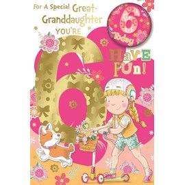 Great-Granddaughter 6 Birthday Card & Badge - Girl on Scooter & Dog 9" x 6"