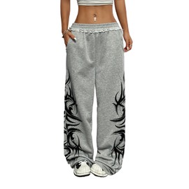 ZAFUL Womens Wide Leg Sweatpants Y2K Gothic Graffiti High Waisted Drawstring Lounge Pants Athletic Joggers Pants with Pockets 1-Light Grey M