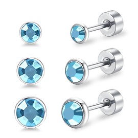 Artskin Women's Stud Earrings Titanium Girls Women Flatback Earrings Hypoallergenic Crystal Men's Earrings Silver Cartilage Earring 3 mm/4 mm/5 mm, Titanium, Aquamarine