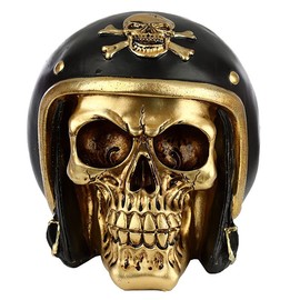Generisch Gothic Biker Skull with Motorcycle Helmet, Black/Gold Fantasy Skull Sculpture Decorative Item Skull Figure Head Sculpture Statue Height 12 cm