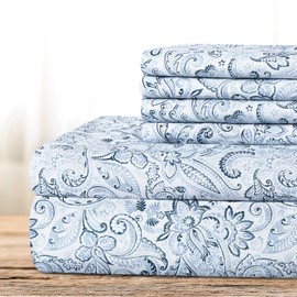 BYSURE King Sheet Set 6 Pieces (Blue Paisley), Cottage Core Botanical Patterned Sheets, Victorian Flower Microfiber Bedding Decor