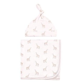 Touched by Nature Unisex Baby Organic Cotton Swaddle Blanket and Headband or Cap, Little Giraffe, One Size