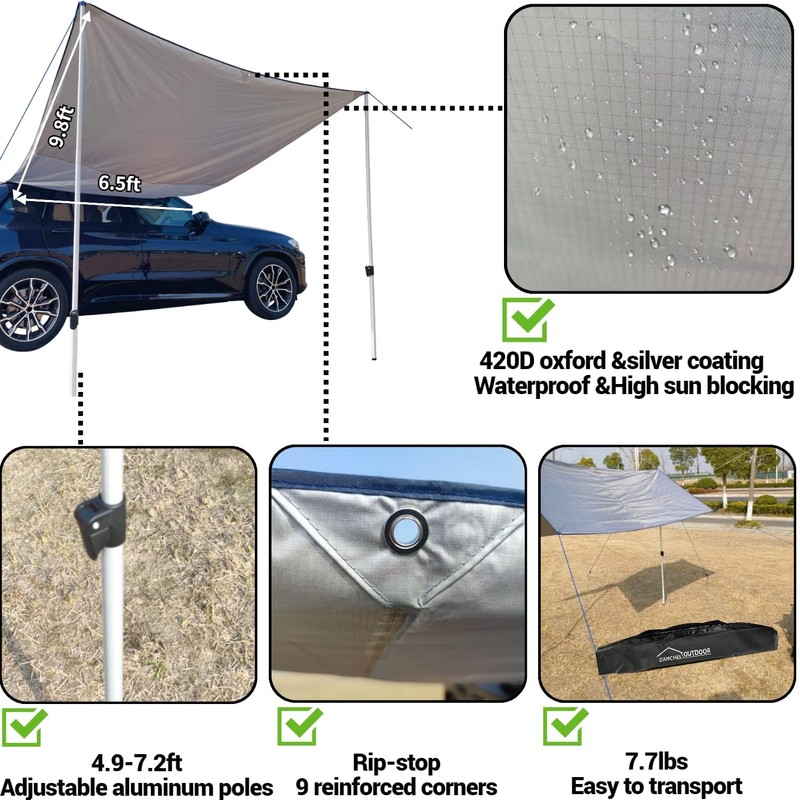 DANCHEL OUTDOOR Portable Suction Cups Car Camper Awning 7.7lbs, Needn't