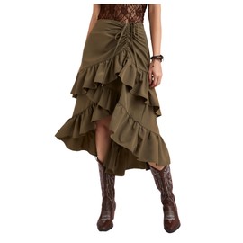 MakeMeChic Women's Western Boho Flowy Ruffle Hem Tiered Midi Skirts High Low Asymmetrical Drawstring Skirts Army Green Large