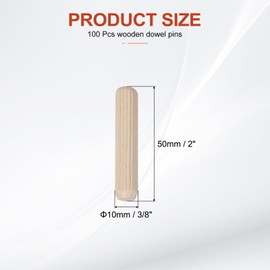 PATIKIL Wooden Dowel Pins 3/8" x 2" (10mm x 50mm) Straight Dowel Rods Wood Fluted Dowels Rods for Crafts Furniture DIY Hardwood Count 100
