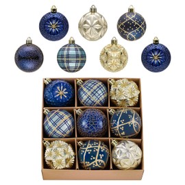 Valery Madelyn Ornaments for Christmas Trees, 9ct 2.36 Inches Blue and Gold Shatterproof Christmas Tree Decorations, Luxury Hanging Ball Ornaments for Xmas Holiday Party Decor