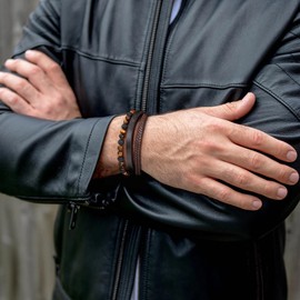 Mens Leather Bracelet - Black Leather Beaded Bracelets for Men Adjustable Mens Bracelets Beads Matte Agate Stone Tiger Eye Bracelet Men's Jewelry Birthday Gifts for Men Him Boyfriend