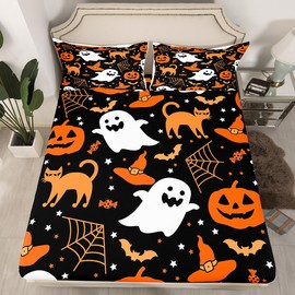 Feelyou - Juego de sábanas para decoración de Halloween, tamaño individual, diseño de calabaza, fantasma, gatos, niños, adolescentes, adultos, Halloween, festival, color negro y naranja