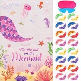 Atiloy Pin The Tail on The Mermaid Party Game with 32PCS Reusable Tail Stickers Mermaid Party Favors for Girls Little Mermaid Party Decorations Mermaid Themed Birthday Photo Booth Props
