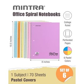 Mintra Office Cuadernos de espiral – 1 materia, 70 hojas, con rayas universitarias, 8in x 10in, paquete a granel, cubiertas pastel, juego de 6 – para 