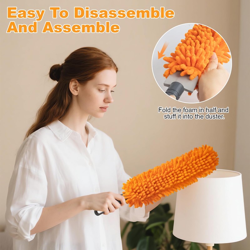 16'' Microfiber Duster with Long Handle,Reusable Detachable Head Duster for